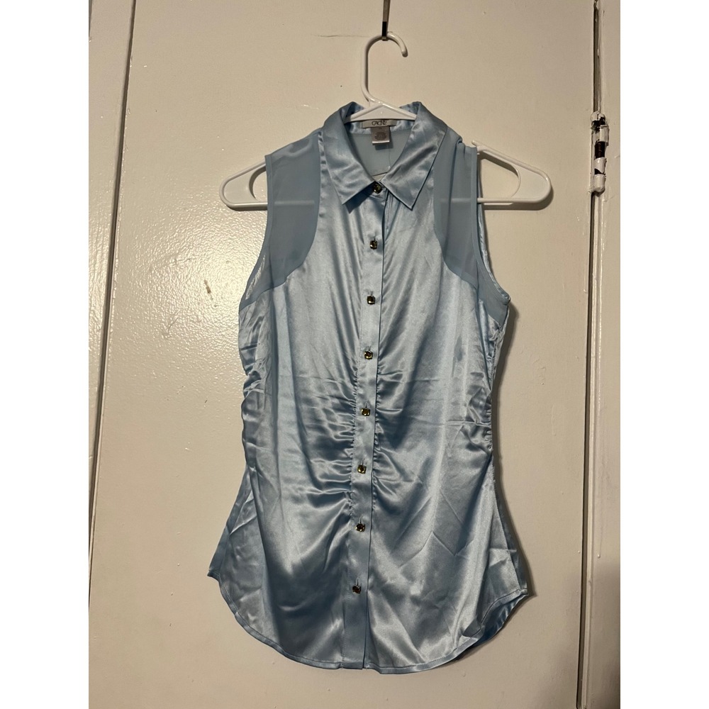 Cache Light Blue Silk Blend Ruched Sleeveless Button Up Blouse NWT XS BLLGT